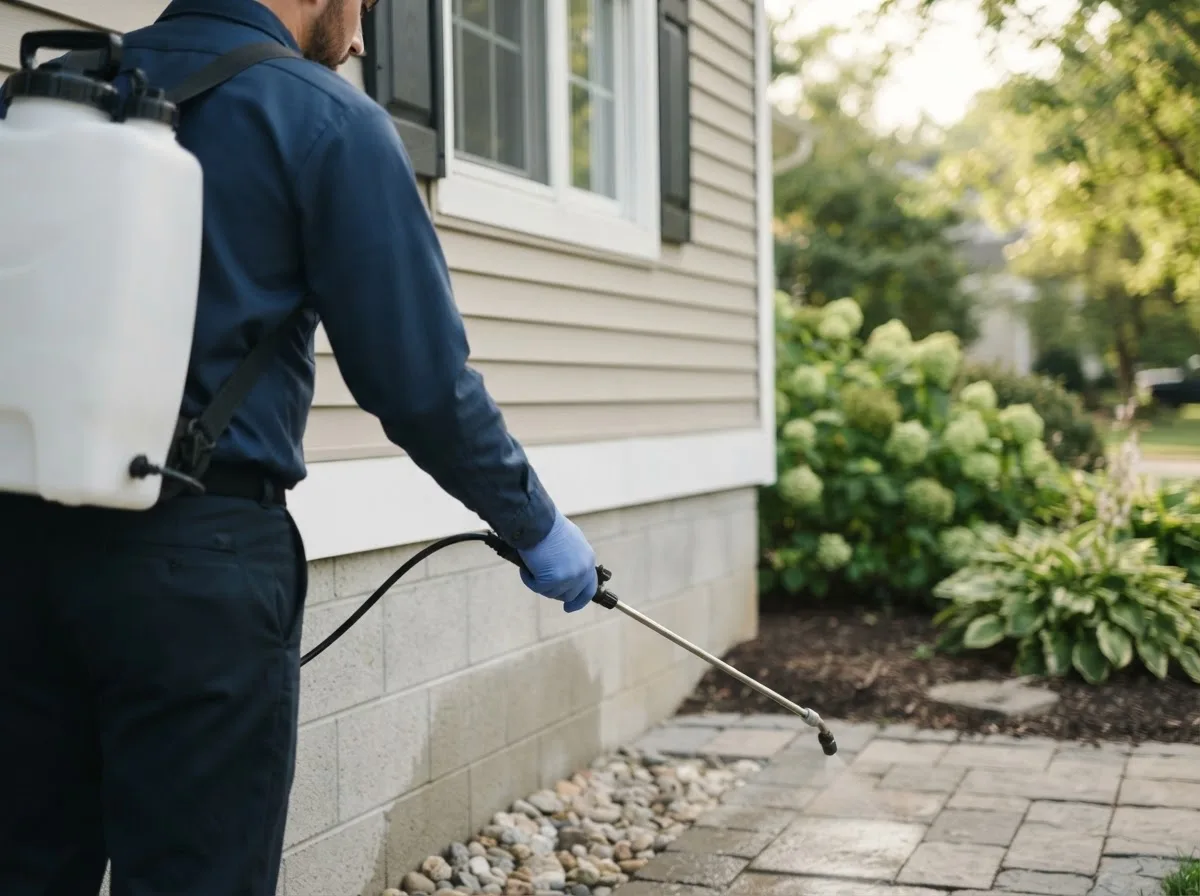 Pest control technician inspecting a home in Louisburg, NC